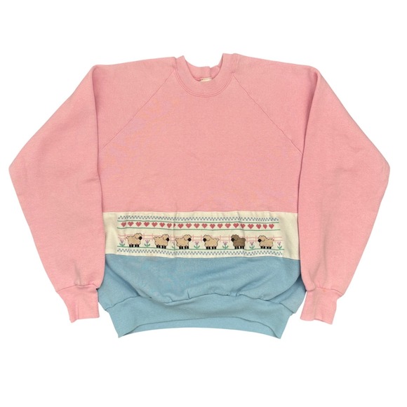 Fruit of the Loom Tops - Vintage Fruit of the Loom Sheep Heart Colorblock Sweatshirt Pink Blue Large USA